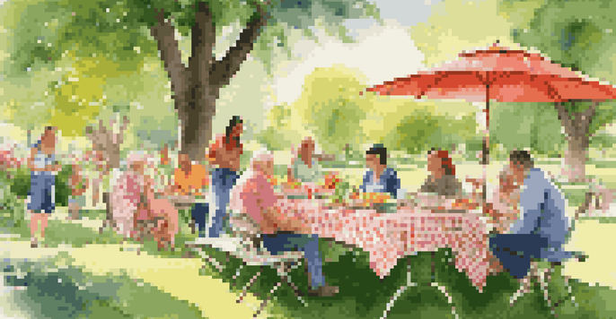 A family reunion in a park with a picnic table, people enjoying food and laughter, and colorful flowers around.