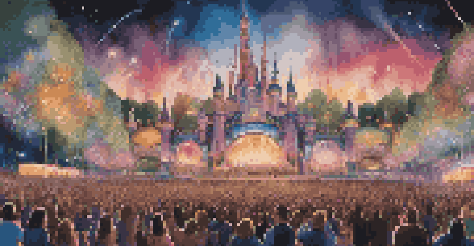 A mesmerizing view of Tomorrowland festival with an elaborate stage resembling a magical castle and colorful lights.