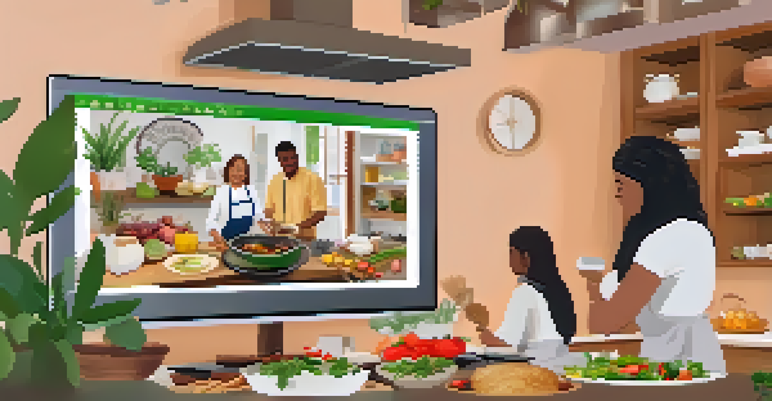 Participants from different countries in a virtual cooking class, preparing traditional dishes and sharing stories.