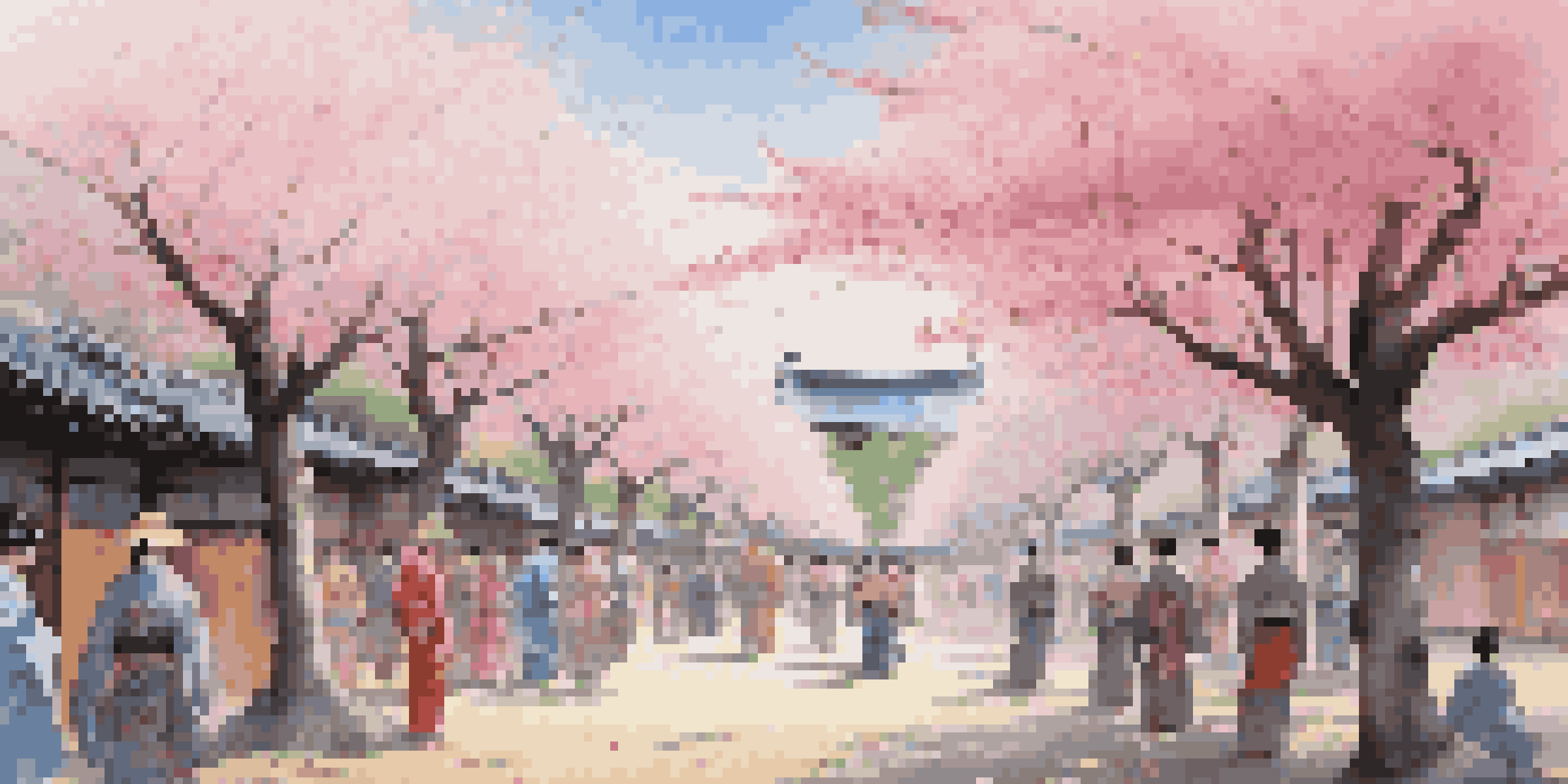 A cherry blossom festival in Japan with people in kimonos, pink flowers, and traditional lanterns.