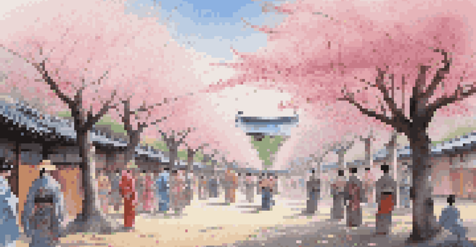 A cherry blossom festival in Japan with people in kimonos, pink flowers, and traditional lanterns.