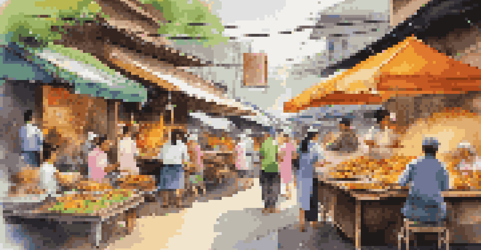 A dynamic street food scene in Bangkok with chefs cooking curries and customers enjoying meals, capturing the vibrant atmosphere of Thai cuisine.