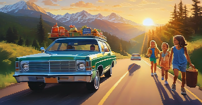 A family enjoying a road trip in an SUV with mountains and greenery in the background, children playing games, and parents smiling.