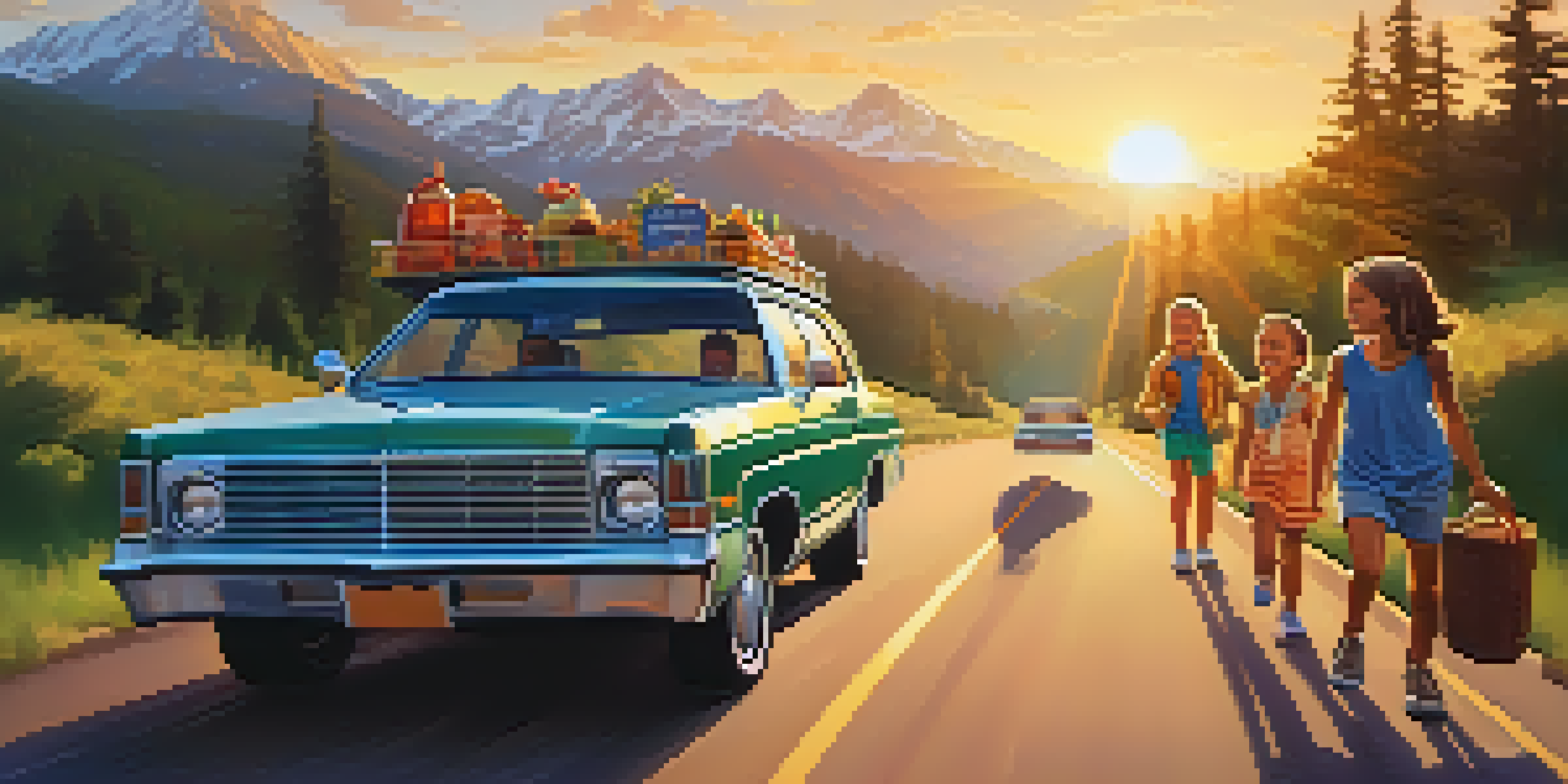 A family enjoying a road trip in an SUV with mountains and greenery in the background, children playing games, and parents smiling.