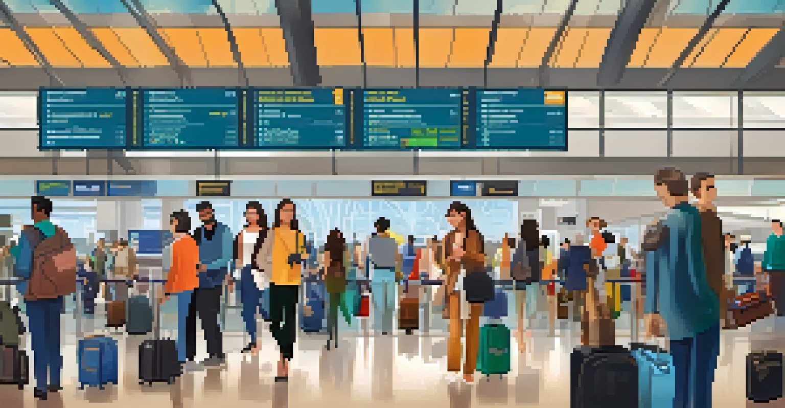 A busy airport check-in area with a digital flight board and travelers, representing flight booking strategies.