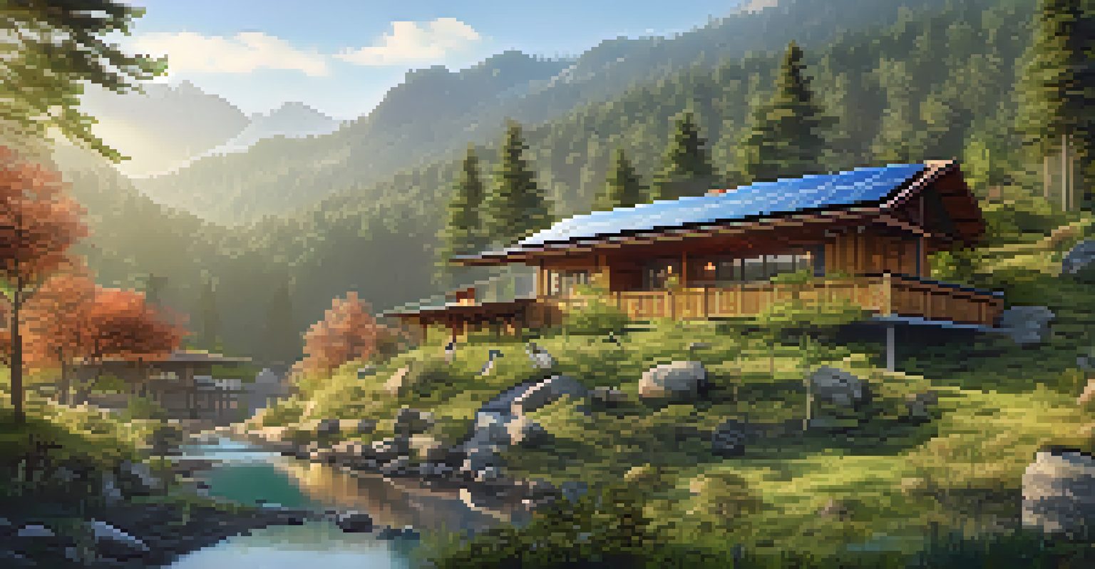 A picturesque eco-lodge in the mountains, made from natural materials with solar panels and a garden, surrounded by trees.