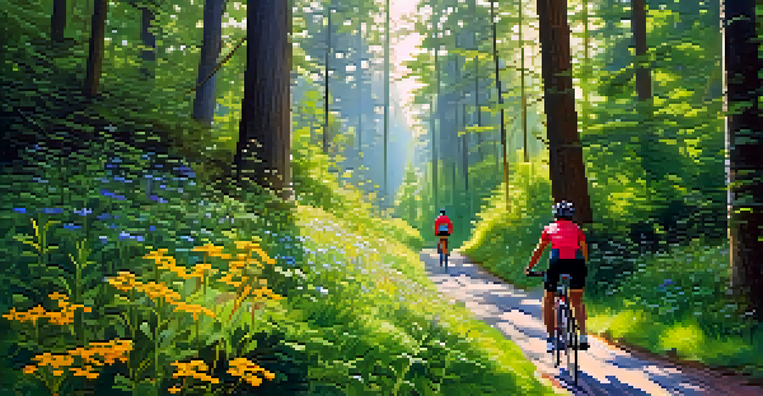 A cyclist navigating a trail in a lush green forest, surrounded by sunlight and wildflowers.