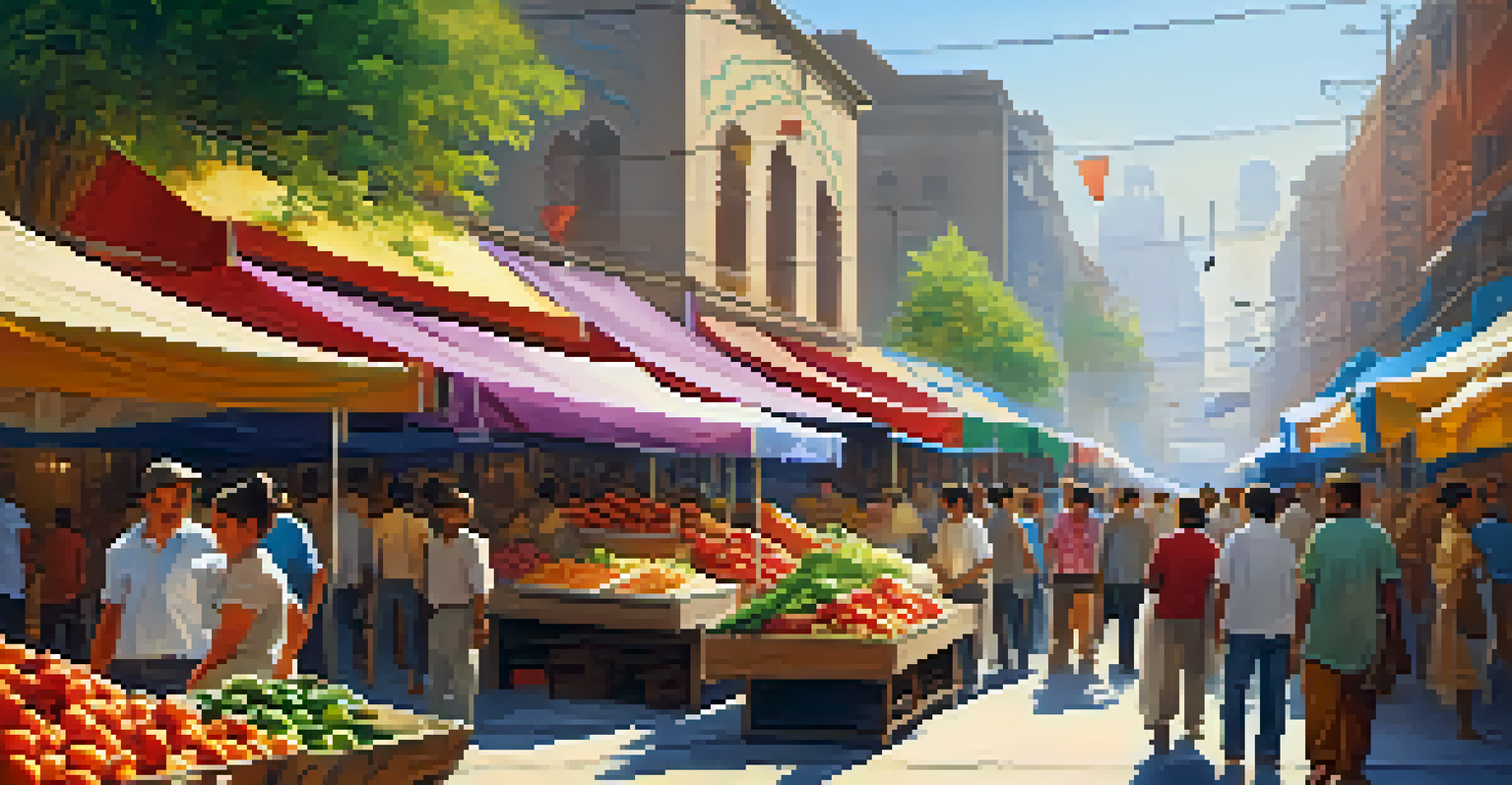 A busy city market filled with fresh produce, handicrafts, and people enjoying the vibrant atmosphere.