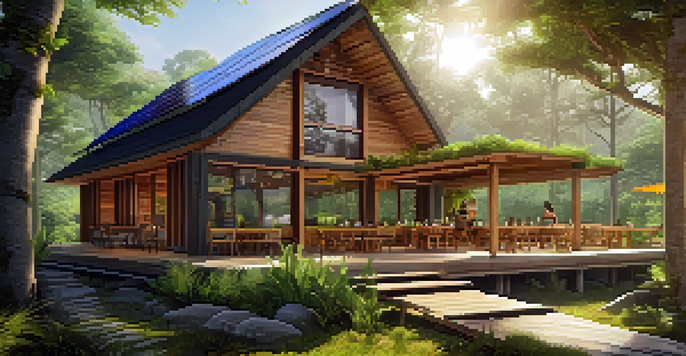 A picturesque eco-friendly lodge in a forest, showcasing solar panels and an outdoor dining area with rustic furniture.