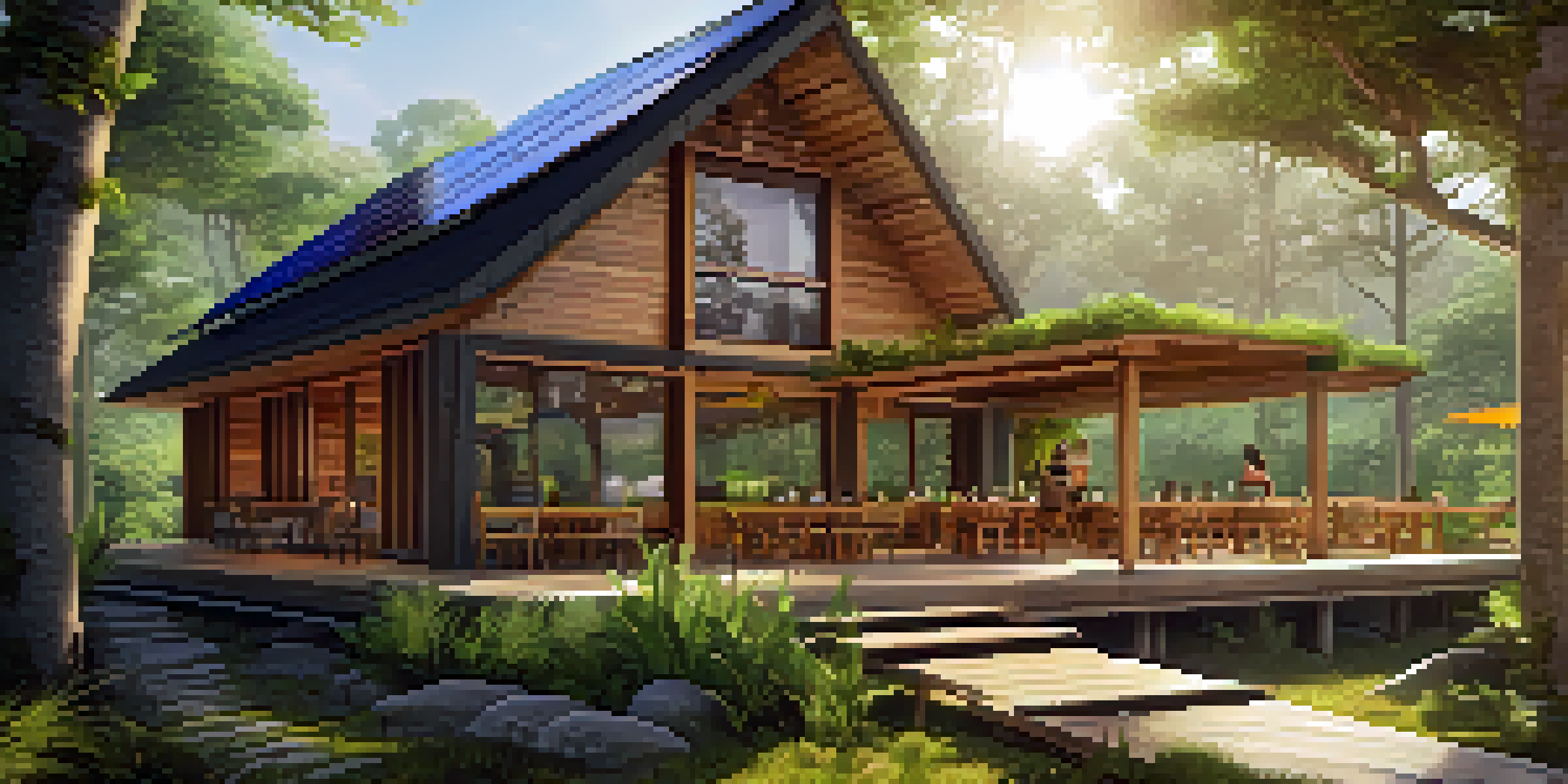 A picturesque eco-friendly lodge in a forest, showcasing solar panels and an outdoor dining area with rustic furniture.