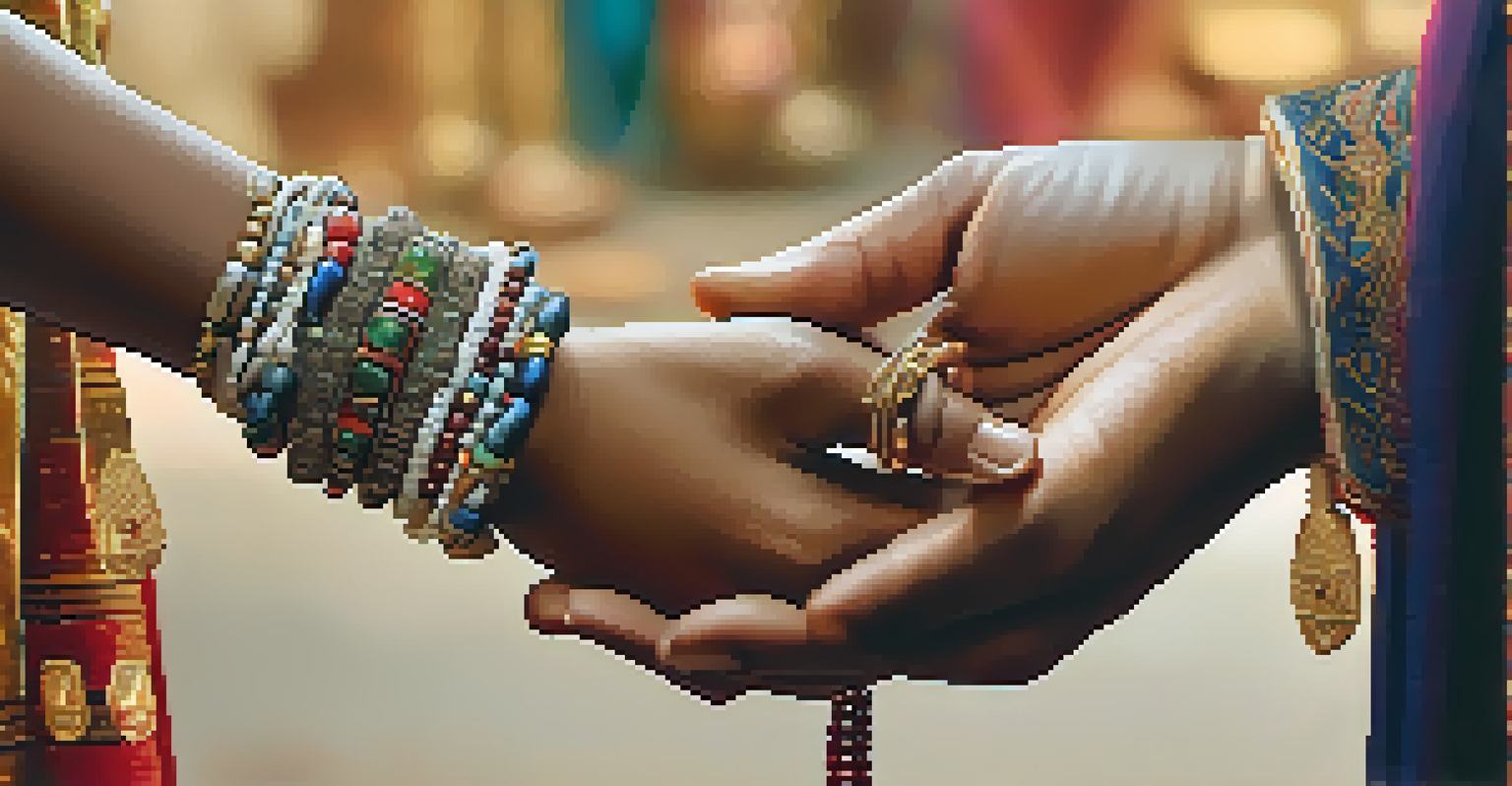 Hands exchanging a greeting with a small gift, showcasing traditional jewelry and a culturally rich background.