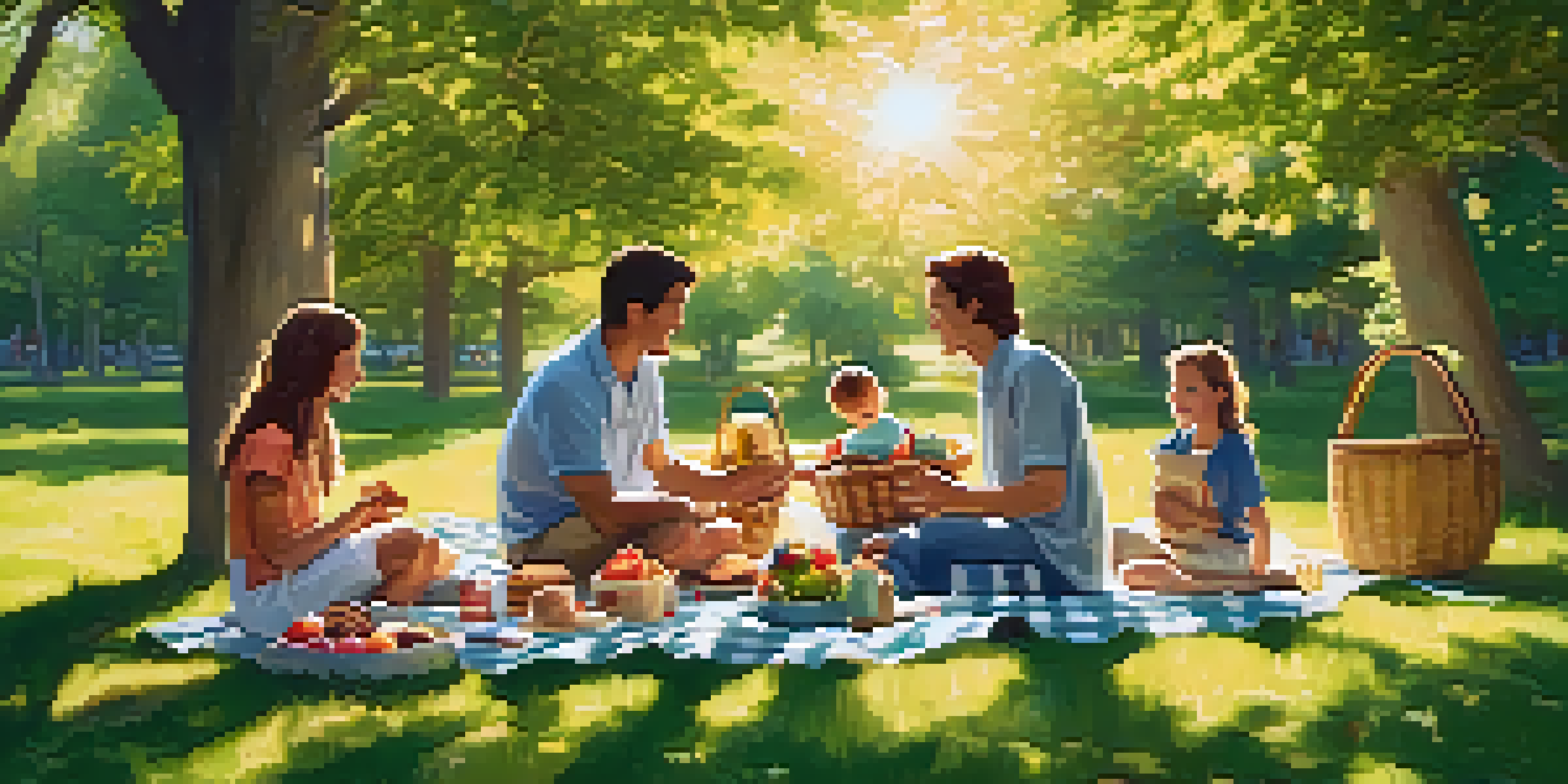 A family having a picnic in a beautifully green park with blooming flowers and tall trees under warm sunlight.