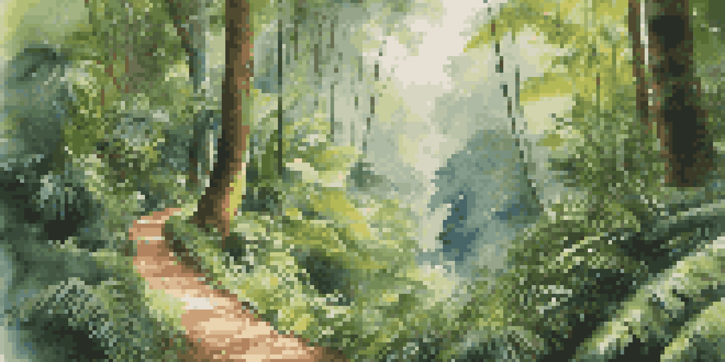A lush rainforest with a hiking trail and a local guide explaining the flora to a group of travelers.