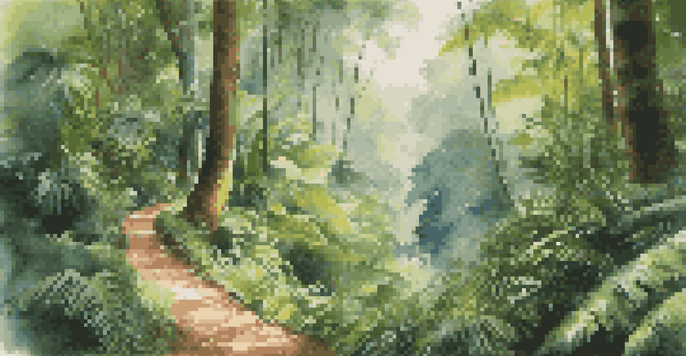 A lush rainforest with a hiking trail and a local guide explaining the flora to a group of travelers.