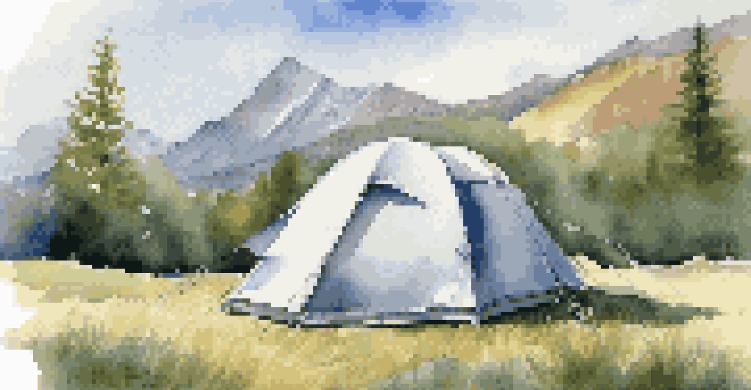 A well-secured tent with a rainfly in a serene outdoor setting, featuring mountains and greenery, under a clear blue sky.