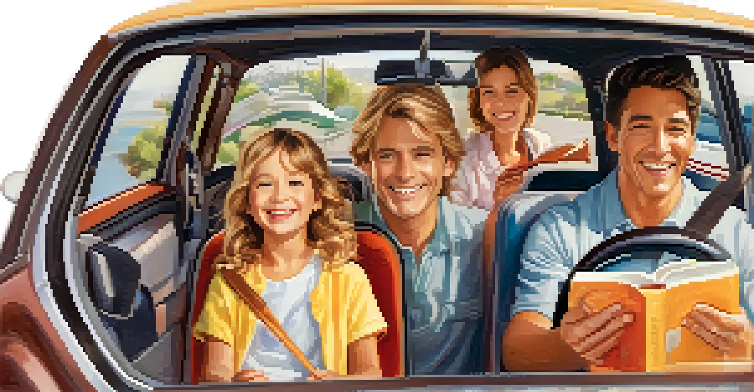 A happy family in a car during a vacation, with kids reading and playing games, illuminated by sunlight streaming through the windows.