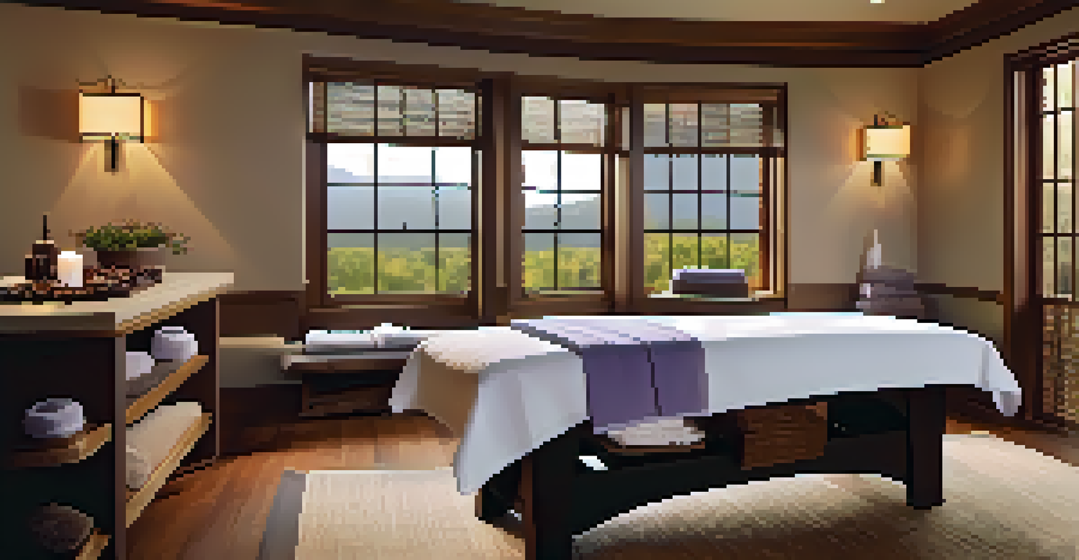 A cozy spa treatment room with a massage table, candles, and lavender, bathed in warm natural light from large windows.