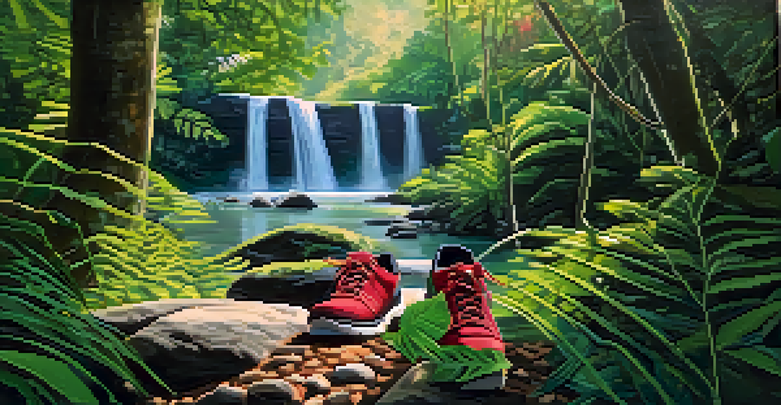 A hiking trail in a tropical forest with shoes on the ground and a waterfall in the background.