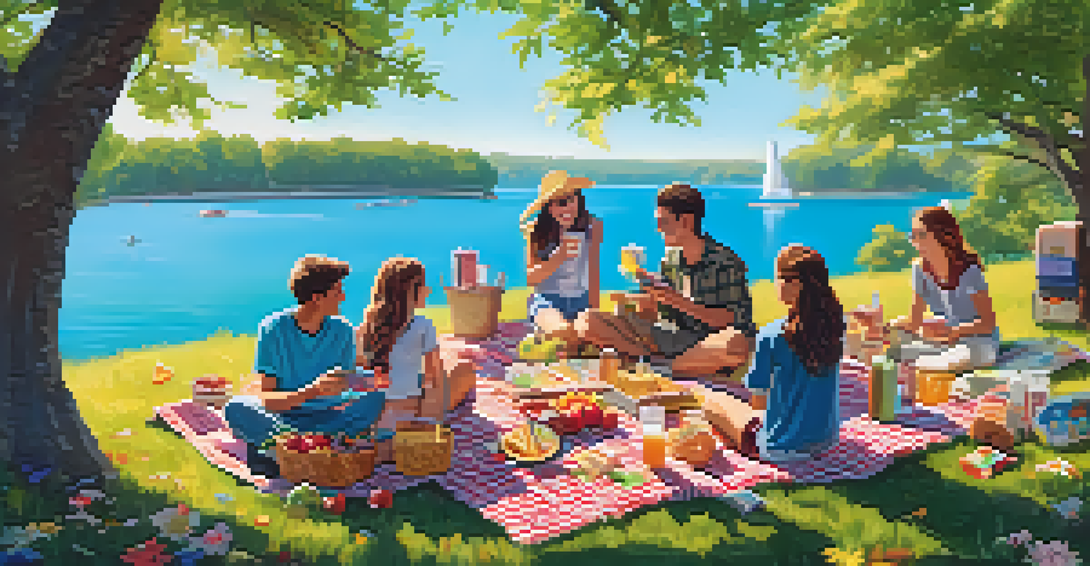 A picnic setup with snacks and drinks in a park, with happy teens enjoying their time.