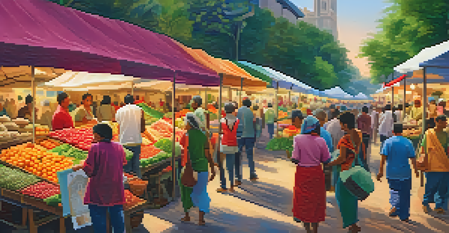 A lively local market with colorful stalls of fruits, vegetables, and handmade crafts, showcasing interactions between people and vendors.