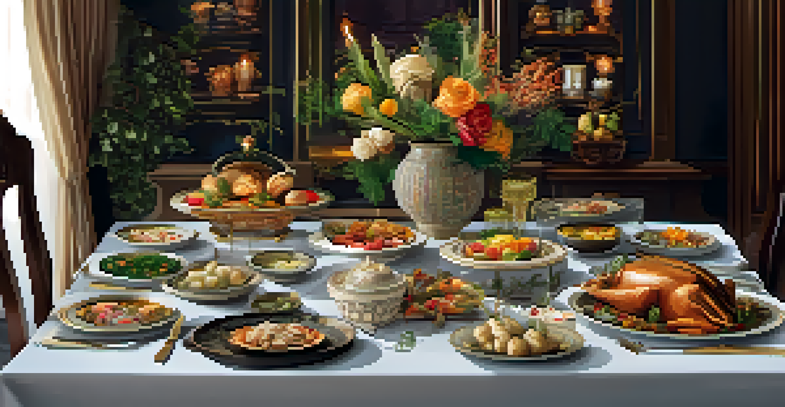 An elegantly set dining table featuring a variety of dishes from different cultures.