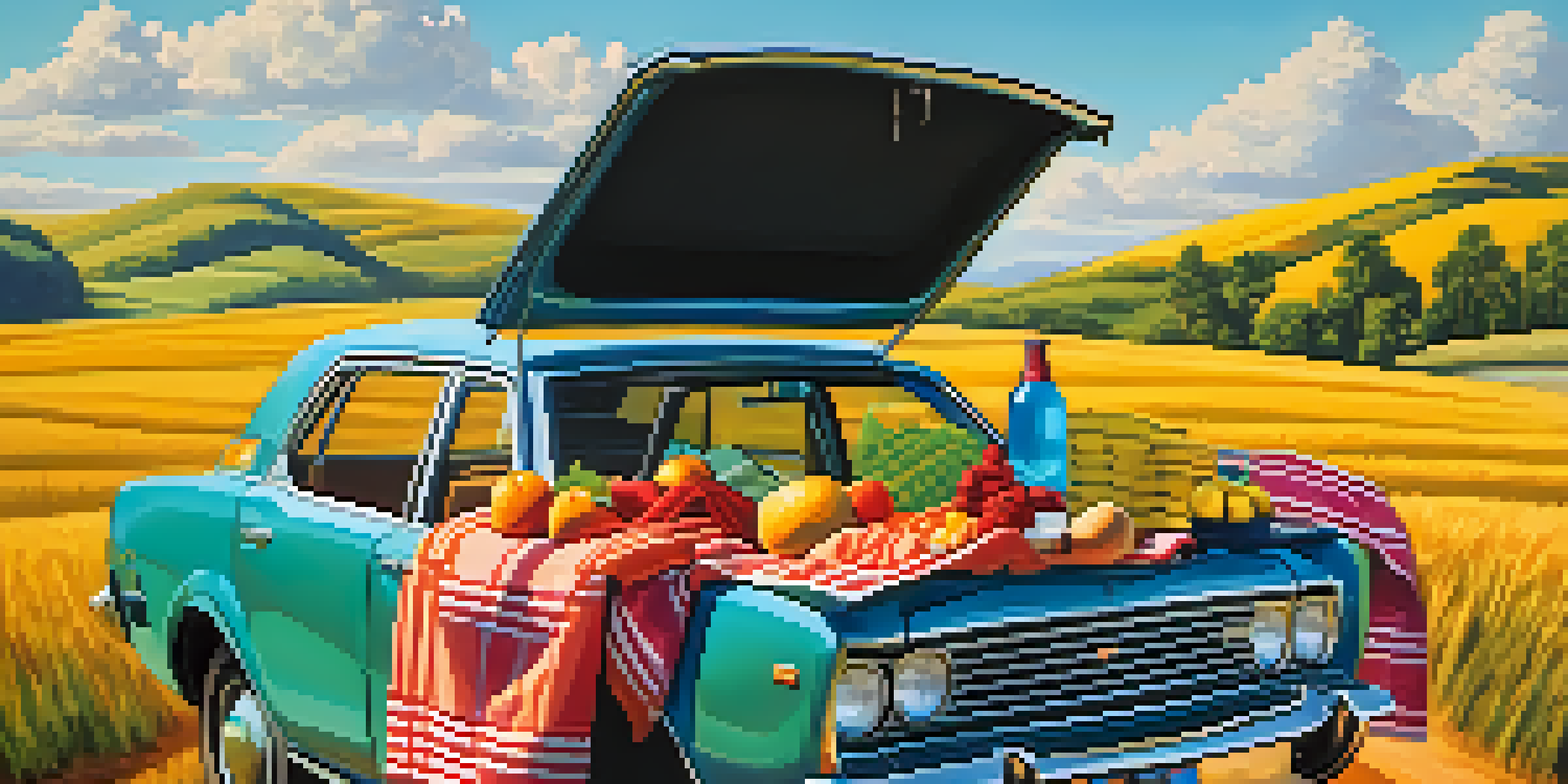A packed car for a road trip with summer clothing and a cooler in the trunk, set against a backdrop of rolling hills and a bright blue sky.