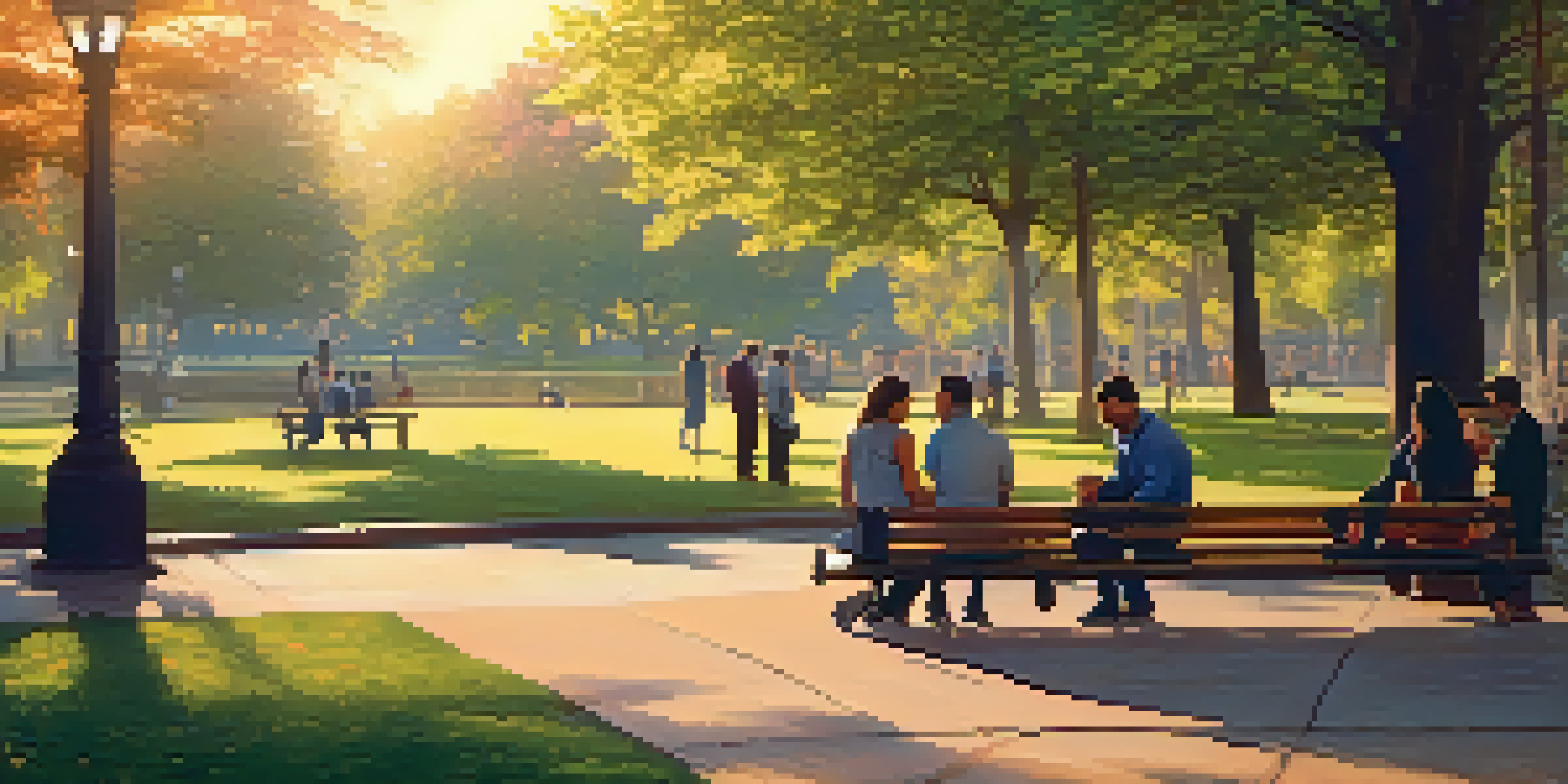 A diverse group of people sitting on a bench in a park, engaged in a warm conversation during sunset.