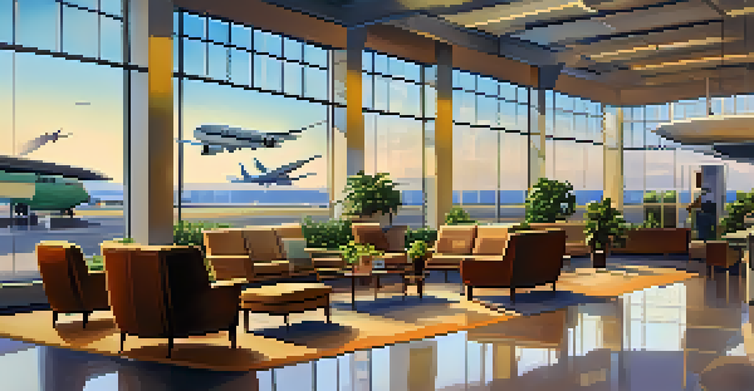A serene airport lounge with comfortable seating and warm lighting, featuring travelers enjoying refreshments.
