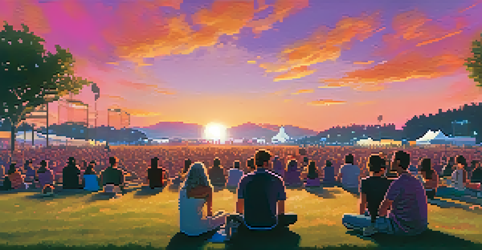 A picturesque sunset at a festival, with people sitting on grass and a stage in the background, illuminated by colorful lights in the evening sky.