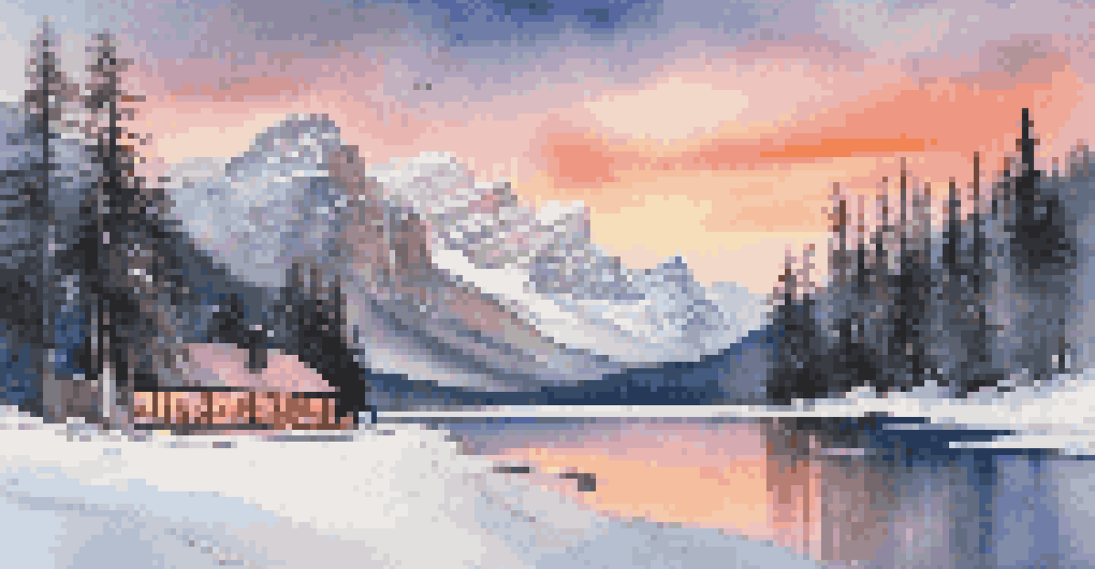 A serene winter landscape in Banff National Park with mountains, a frozen lake, and a cozy lodge.