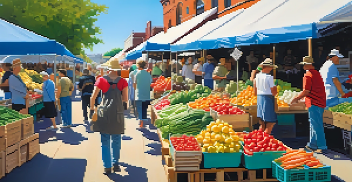 A busy farmers' market filled with fresh produce and people interacting with local farmers under a clear blue sky.