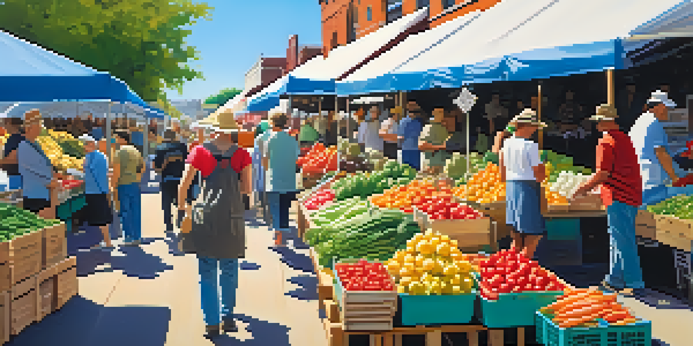 A busy farmers' market filled with fresh produce and people interacting with local farmers under a clear blue sky.