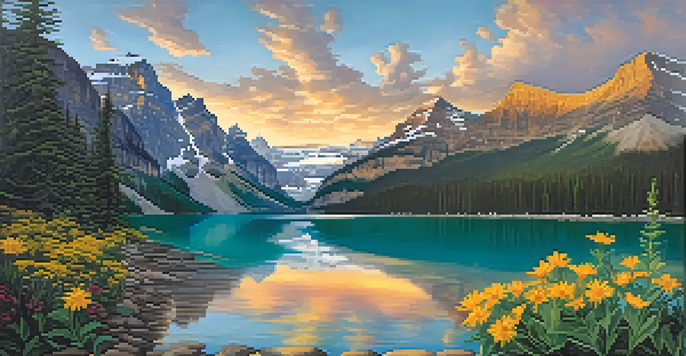A stunning sunrise illuminating the turquoise waters of Lake Louise, surrounded by majestic snow-capped mountains and blooming wildflowers.