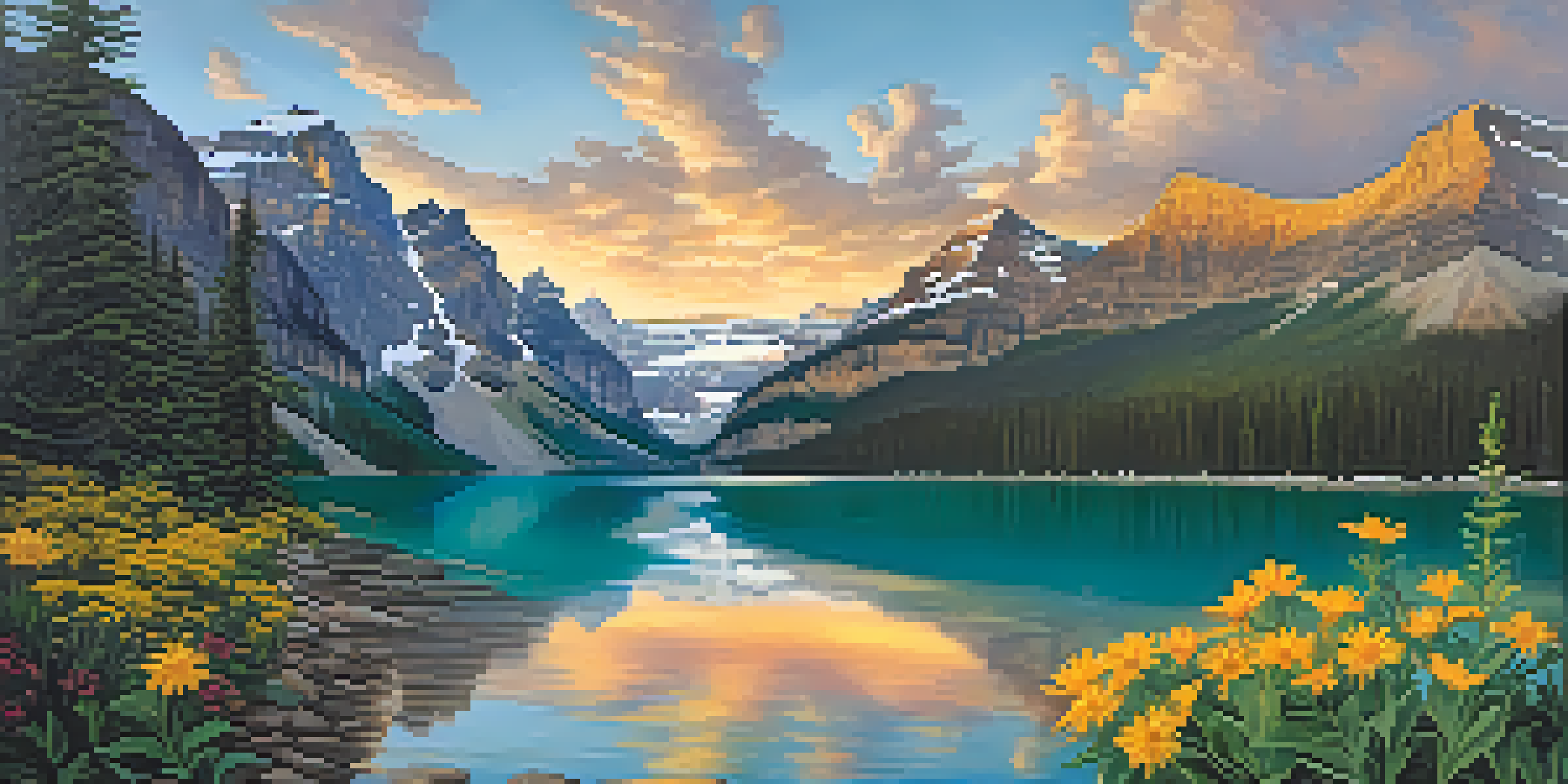 A stunning sunrise illuminating the turquoise waters of Lake Louise, surrounded by majestic snow-capped mountains and blooming wildflowers.