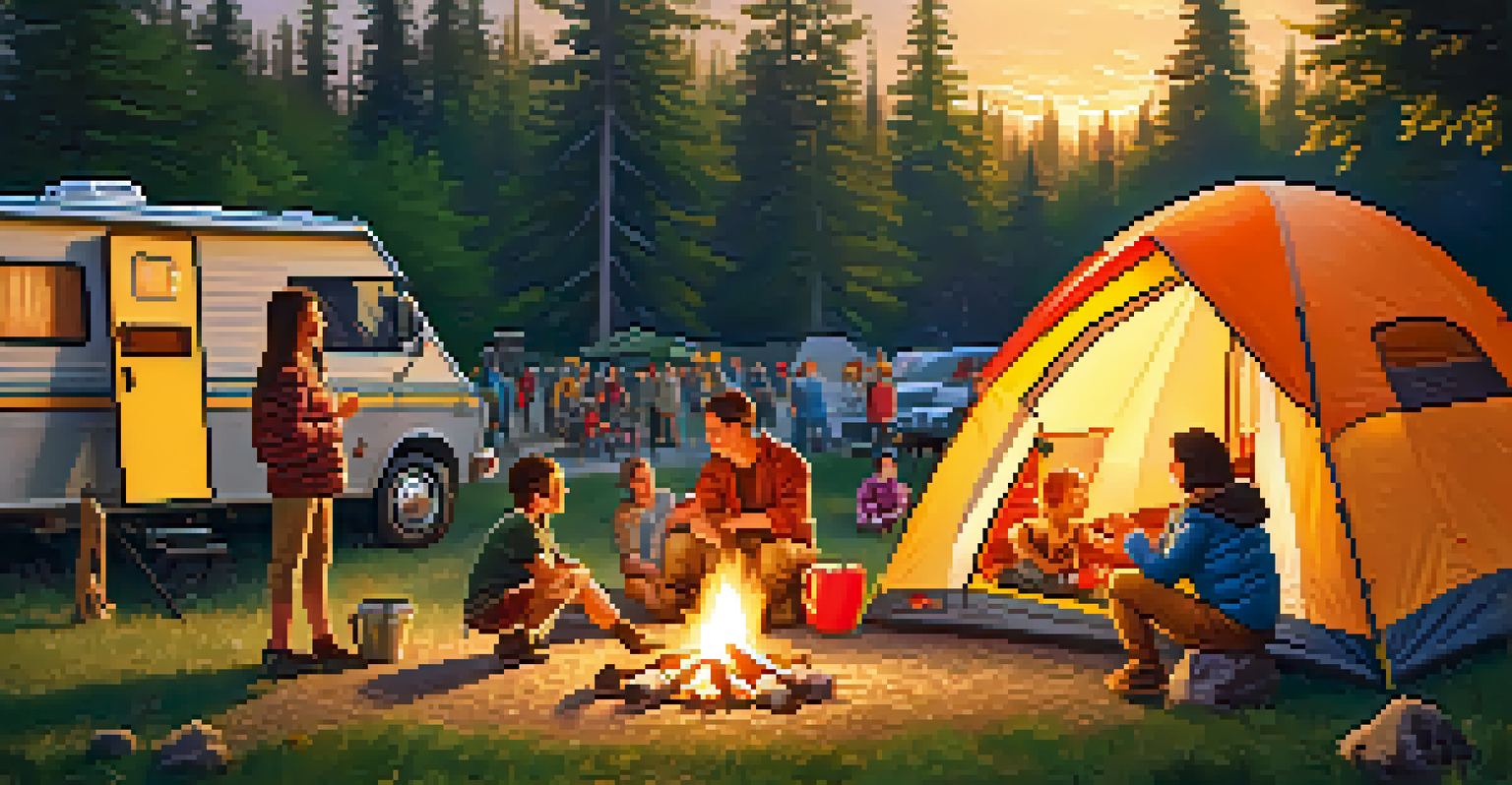 A family camping, with children playing and a cozy tent by a campfire.