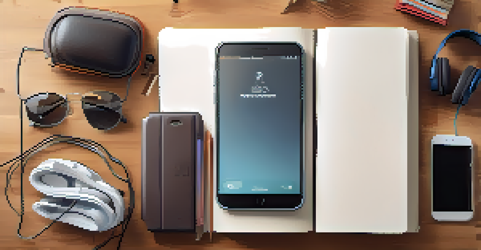 An overhead view of a minimalist travel setup with a smartphone, headphones, and a journal on a wooden table.