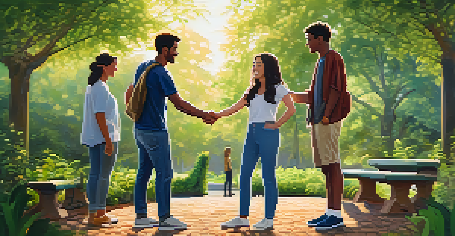 A diverse group of friends greeting each other in a park, showcasing various cultural greetings, surrounded by greenery.