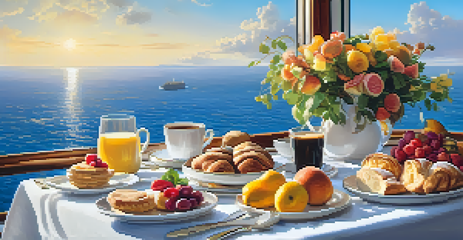 A breakfast table on a cruise ship deck with fruits, pastries, and coffee, overlooking the ocean in morning light.