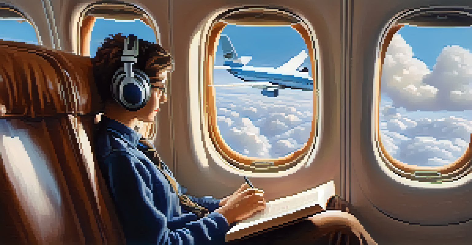 A traveler reading a book in an airplane seat with headphones on, surrounded by softly lit cabin and a view of clouds outside the window.