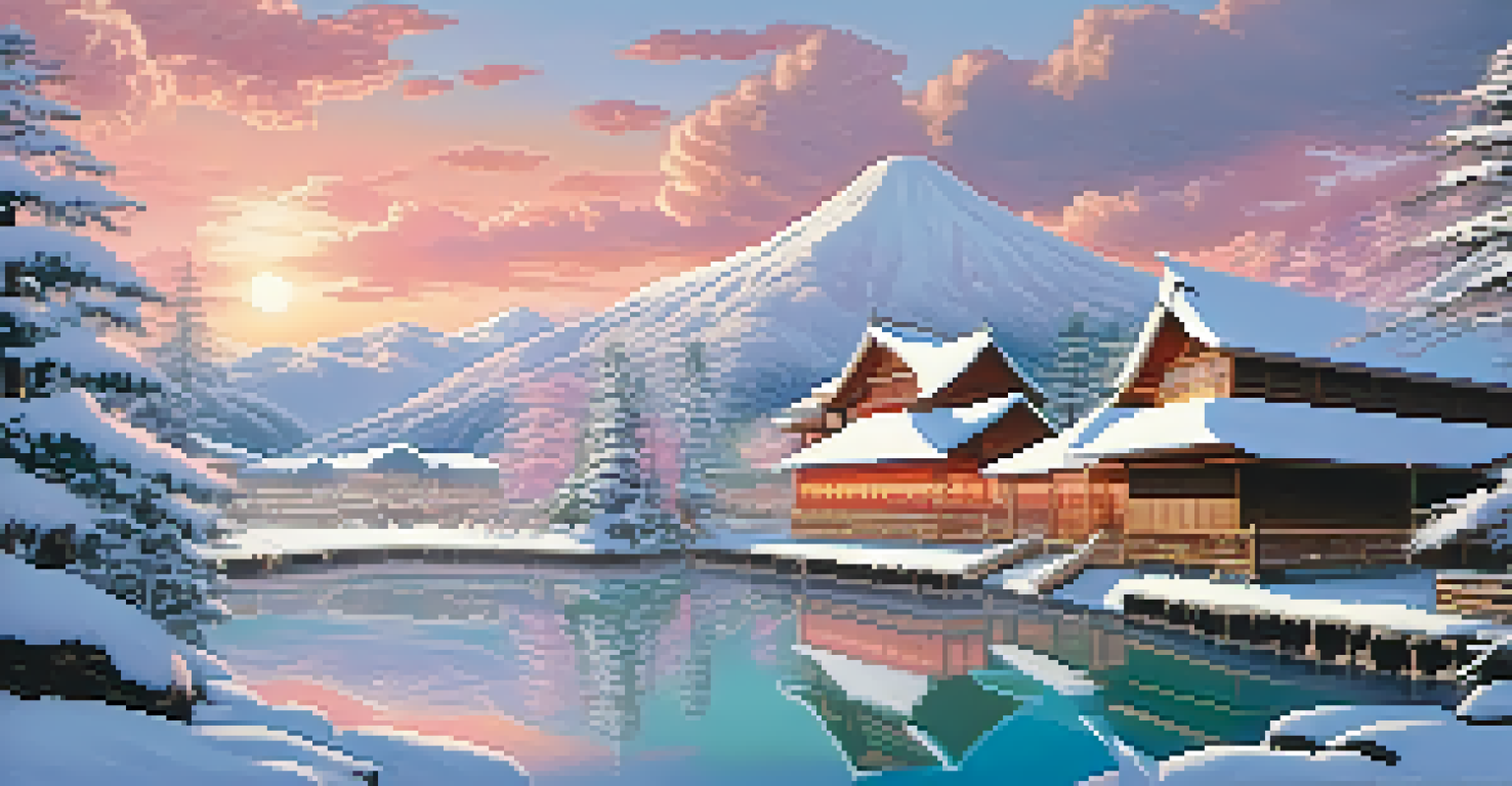 A relaxing onsen in Japan surrounded by snow, with skiers enjoying the hot spring water and steam rising into the air.
