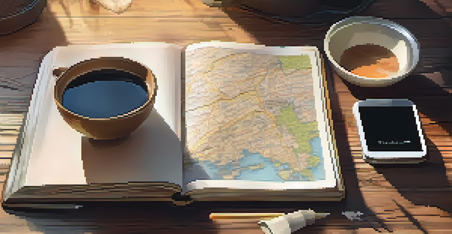 An open travel journal with coffee, a map, and a smartphone, bathed in soft morning light.