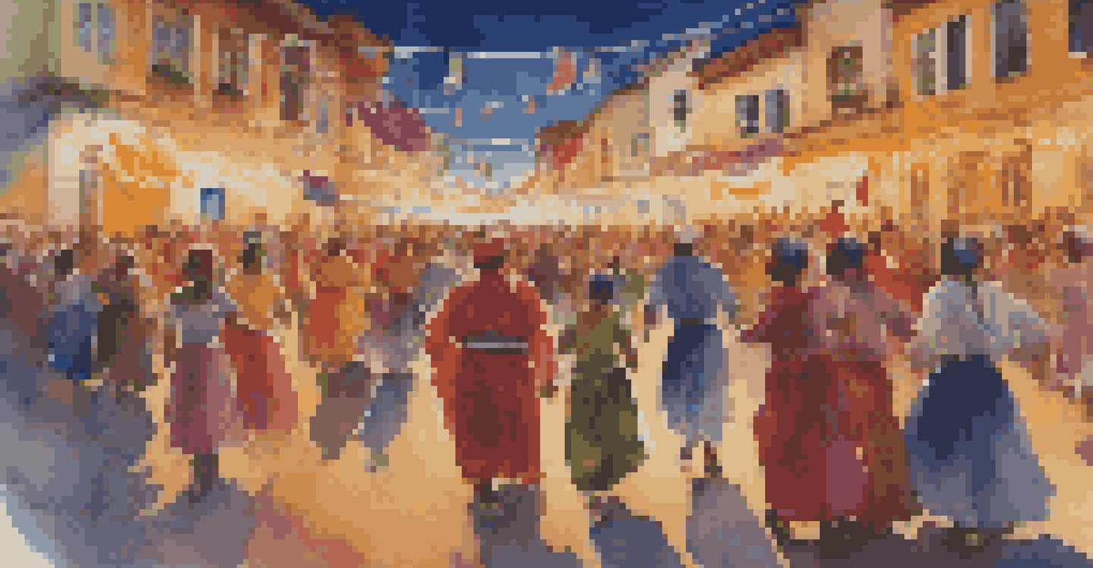 A lively festival scene viewed from the perspective of a participant, featuring people dancing in traditional clothing, vibrant colors, and festive decorations, illuminated by warm lighting.