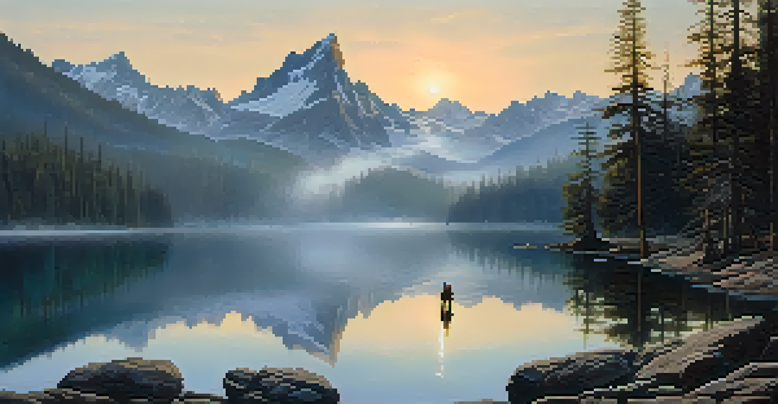 A peaceful mountain landscape at dawn with a lake, mist, and a hiker admiring the view.