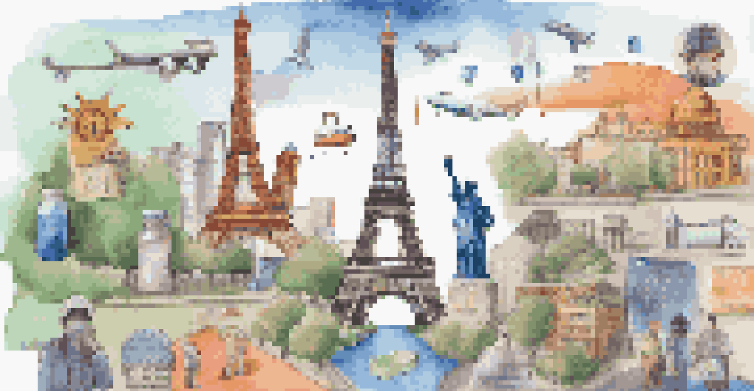 An infographic displaying safe travel icons against famous landmarks, emphasizing health guidelines.