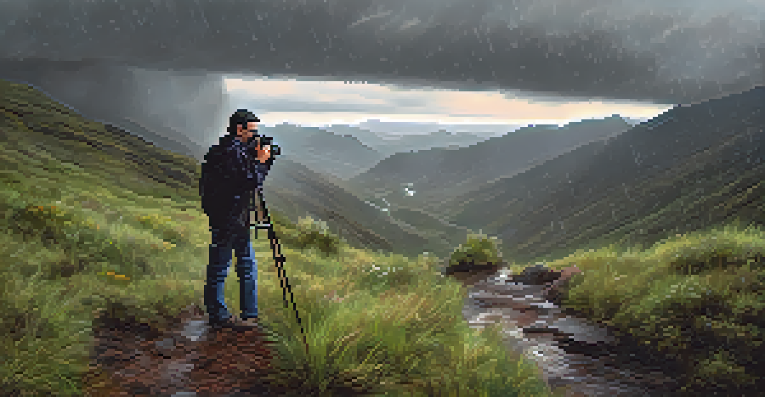 A photographer on a mountain trail, using a camera with a rain sleeve under dark clouds and falling rain.