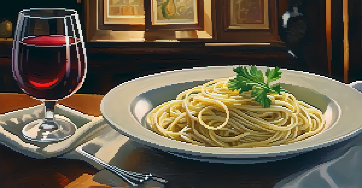 An Italian trattoria setting with a plate of Cacio e Pepe pasta and a glass of red wine on a wooden table.