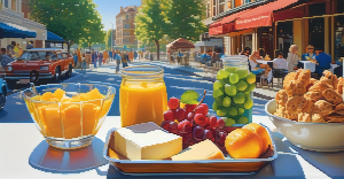 A table filled with lactose-free snacks like cheese and yogurt in a sunny outdoor café, with a cooler nearby and people enjoying their meals.