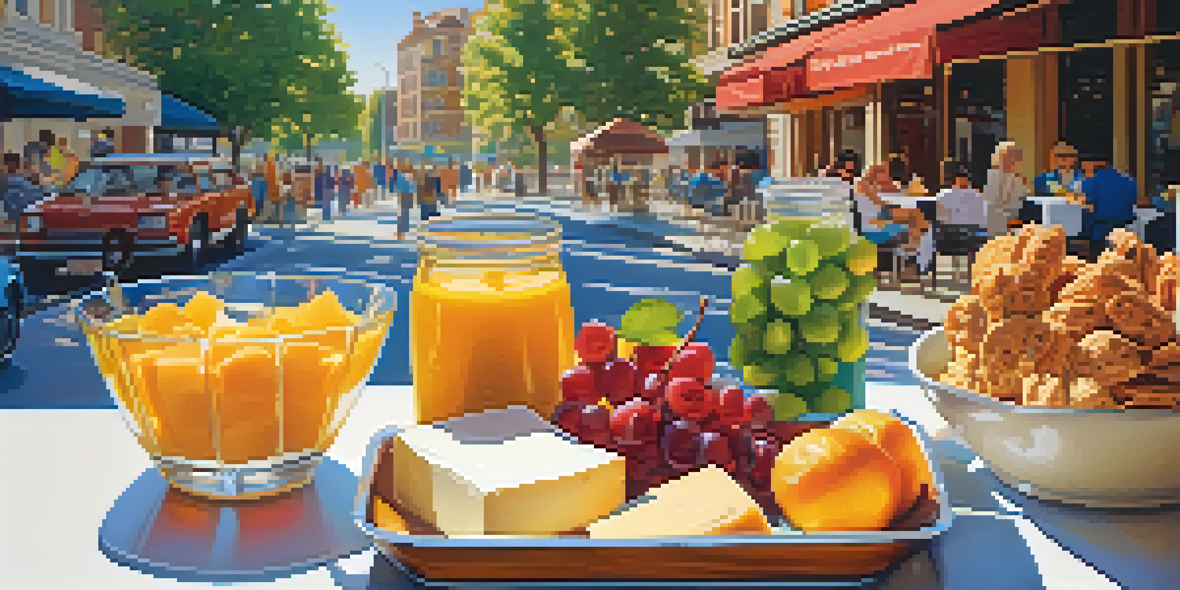 A table filled with lactose-free snacks like cheese and yogurt in a sunny outdoor café, with a cooler nearby and people enjoying their meals.