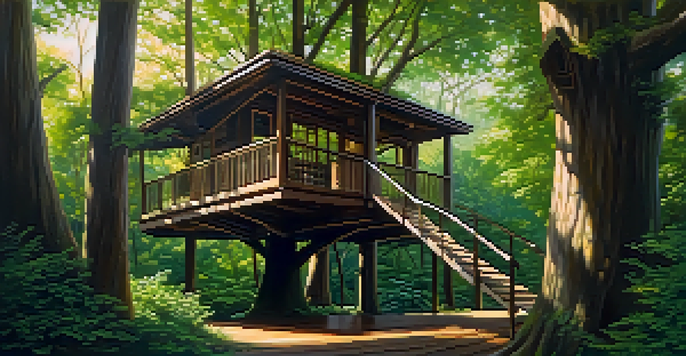A peaceful treehouse surrounded by green foliage, bathed in soft morning light.
