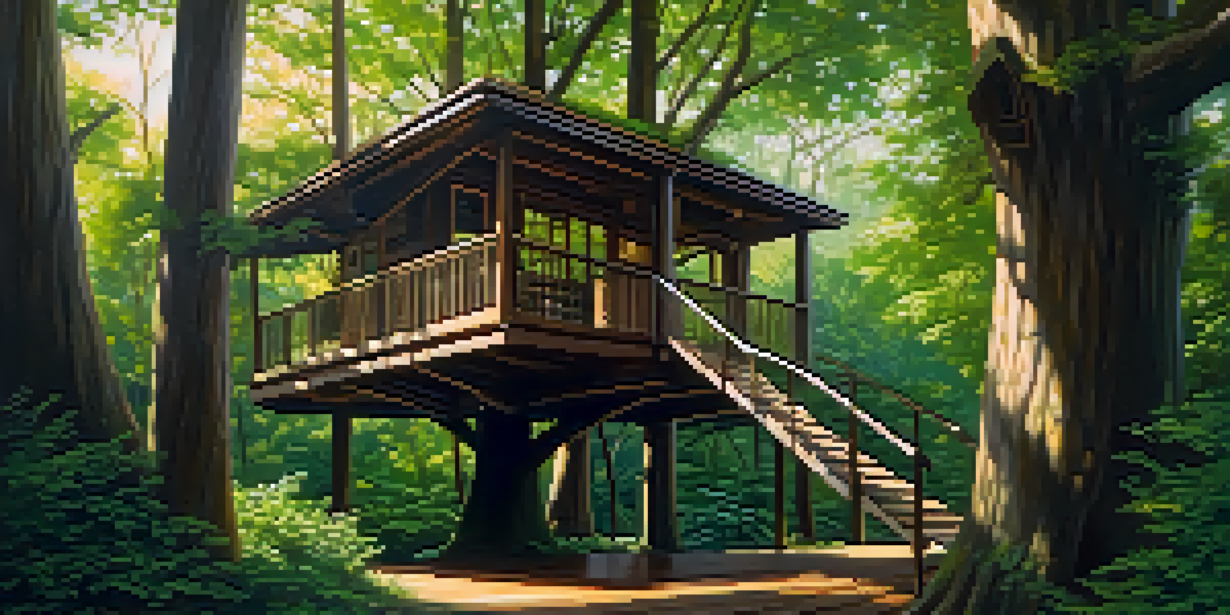 A peaceful treehouse surrounded by green foliage, bathed in soft morning light.